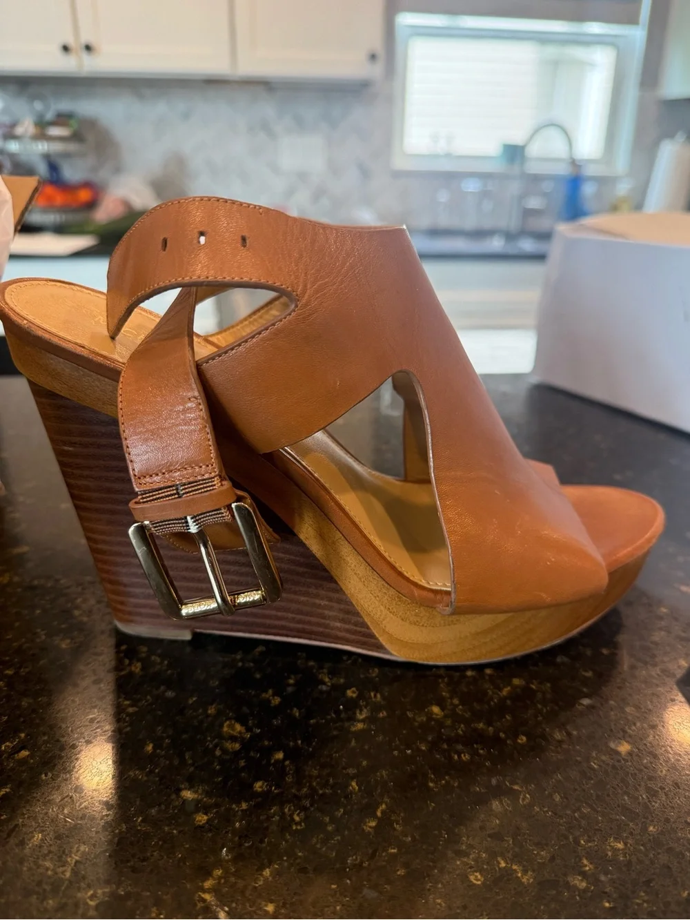 Michael Kors Tan Leather Cutout Wedge Sandals with Buckle